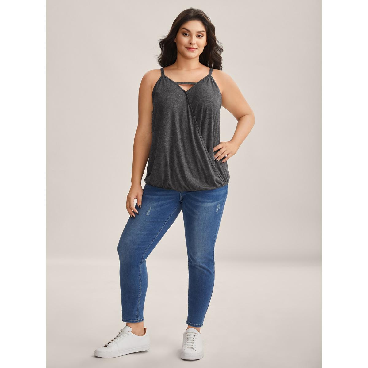 Plus Size Supersoft Stretchy Neck Cut-Out Tank Top Women DimGray Leisure Overlapping V-neck Casual Tank Tops Camis BloomChic 22-24/3X Product Image