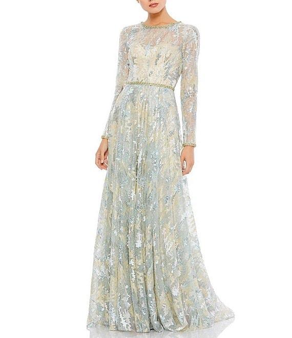 Mac Duggal Crew Neck Floral Embellished Long Sleeve A-Line Gown Product Image