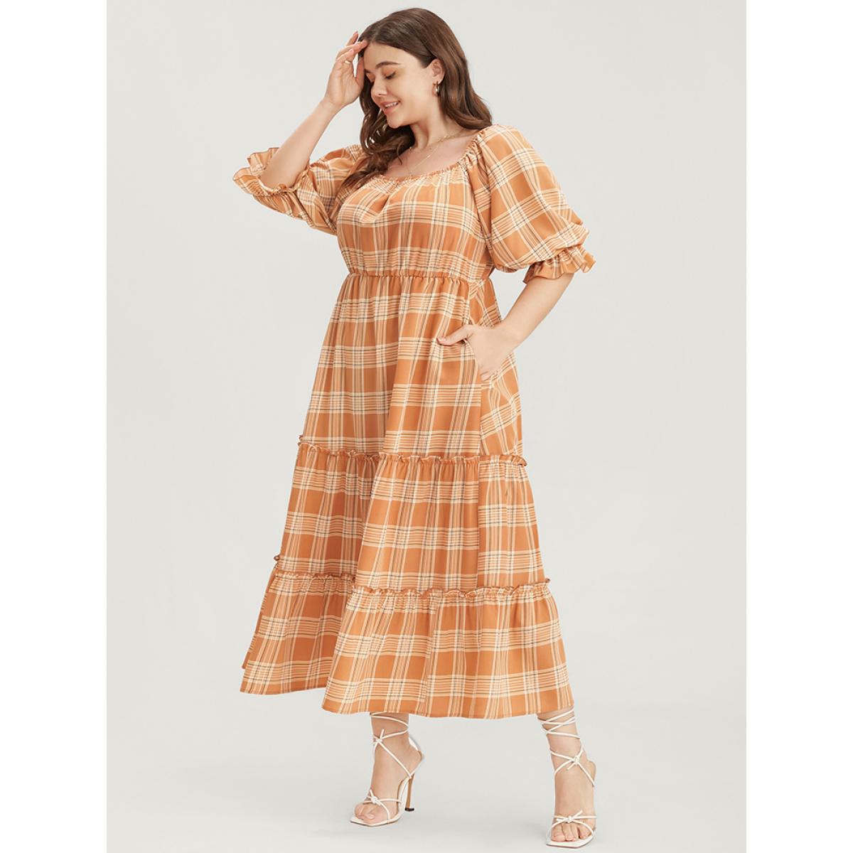 Plus Size Plaid Square Neck Lantern Sleeve Pocket Flutter Dress LightBrown Women Elegant Tiered Square Neck Half Sleeve Curvy Midi Dress BloomChic 22-24/3X Product Image