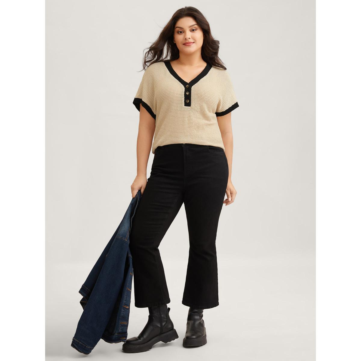 Plus Size V Neck Contrast Button Detail Knit T-shirt Apricot Women Leisure Texture V-neck Casual T-shirts BloomChic 22-24/3X Product Image