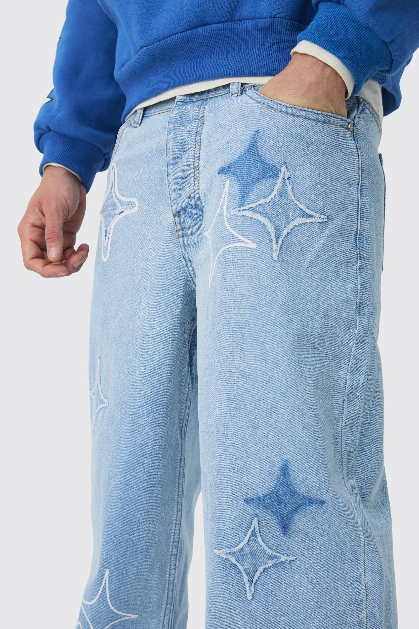 Relaxed Rigid Star Applique Denim Jeans | boohooMAN USA Product Image