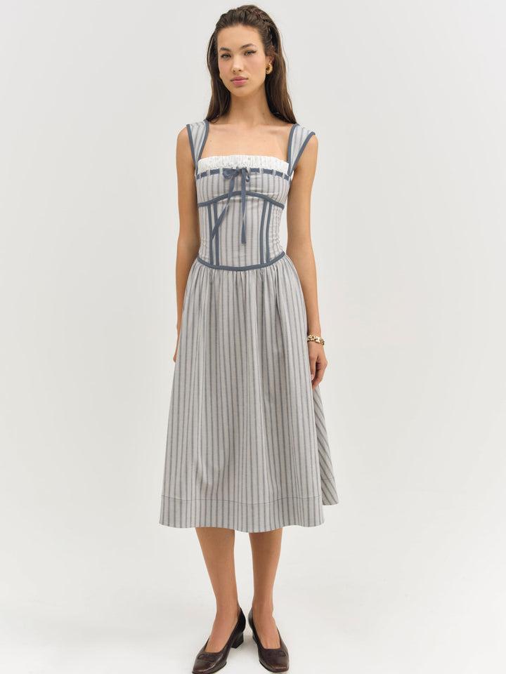 Linen Stripe Midi Dress — Blue Product Image