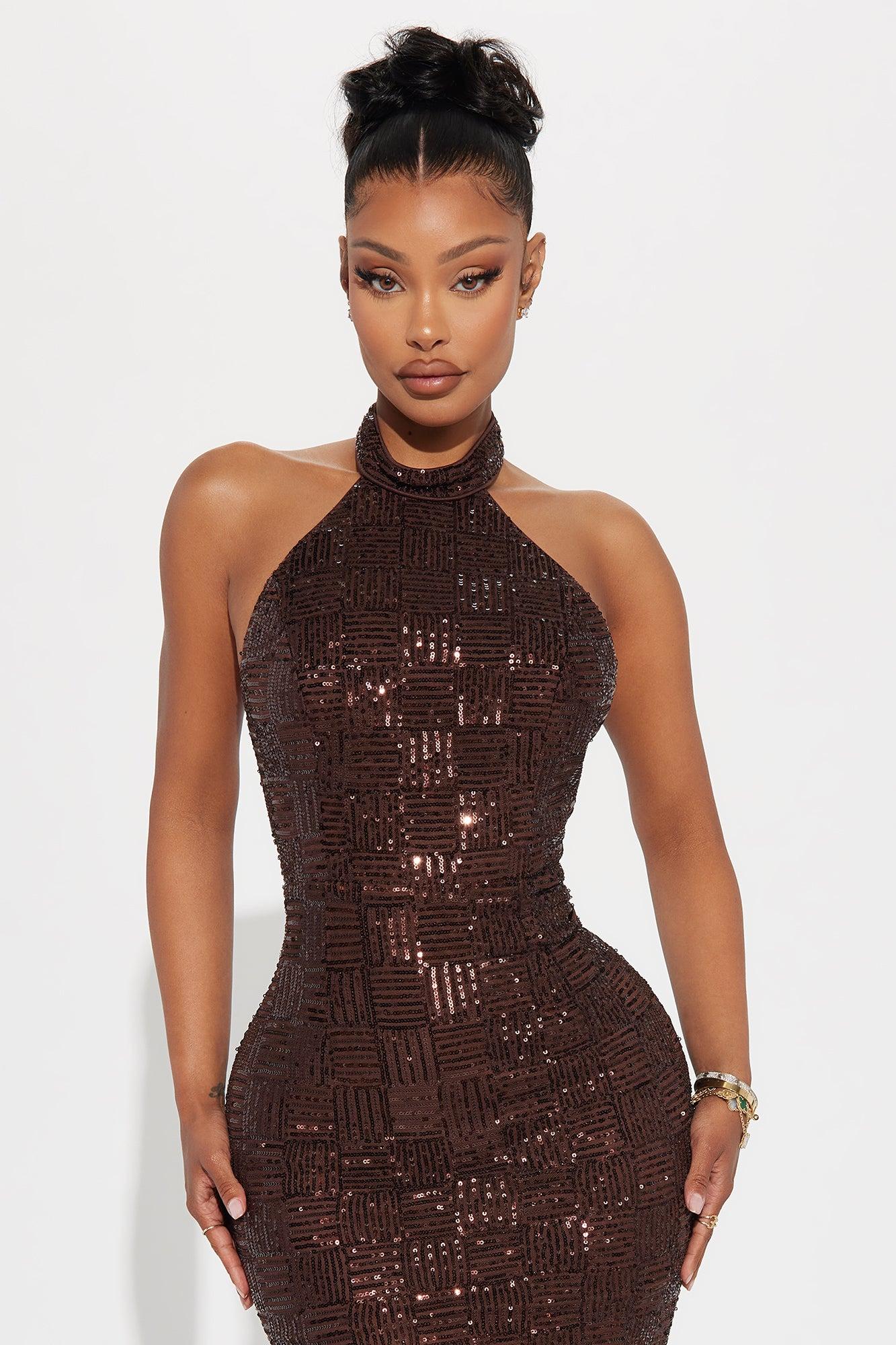 Dora Backless Sequin Maxi Dress - Chocolate Product Image