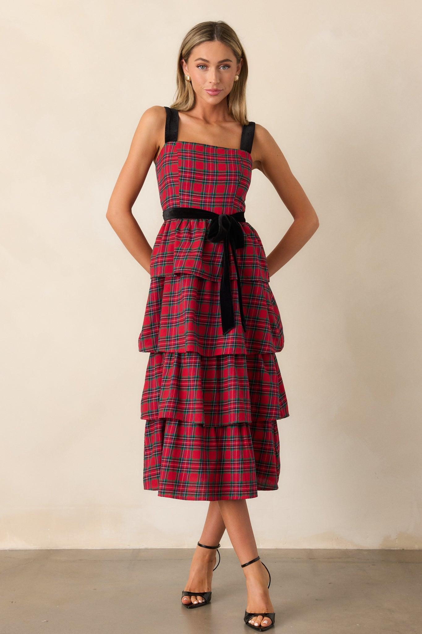 Elegance Defined Cotton Red Plaid Tiered Midi Dress Product Image