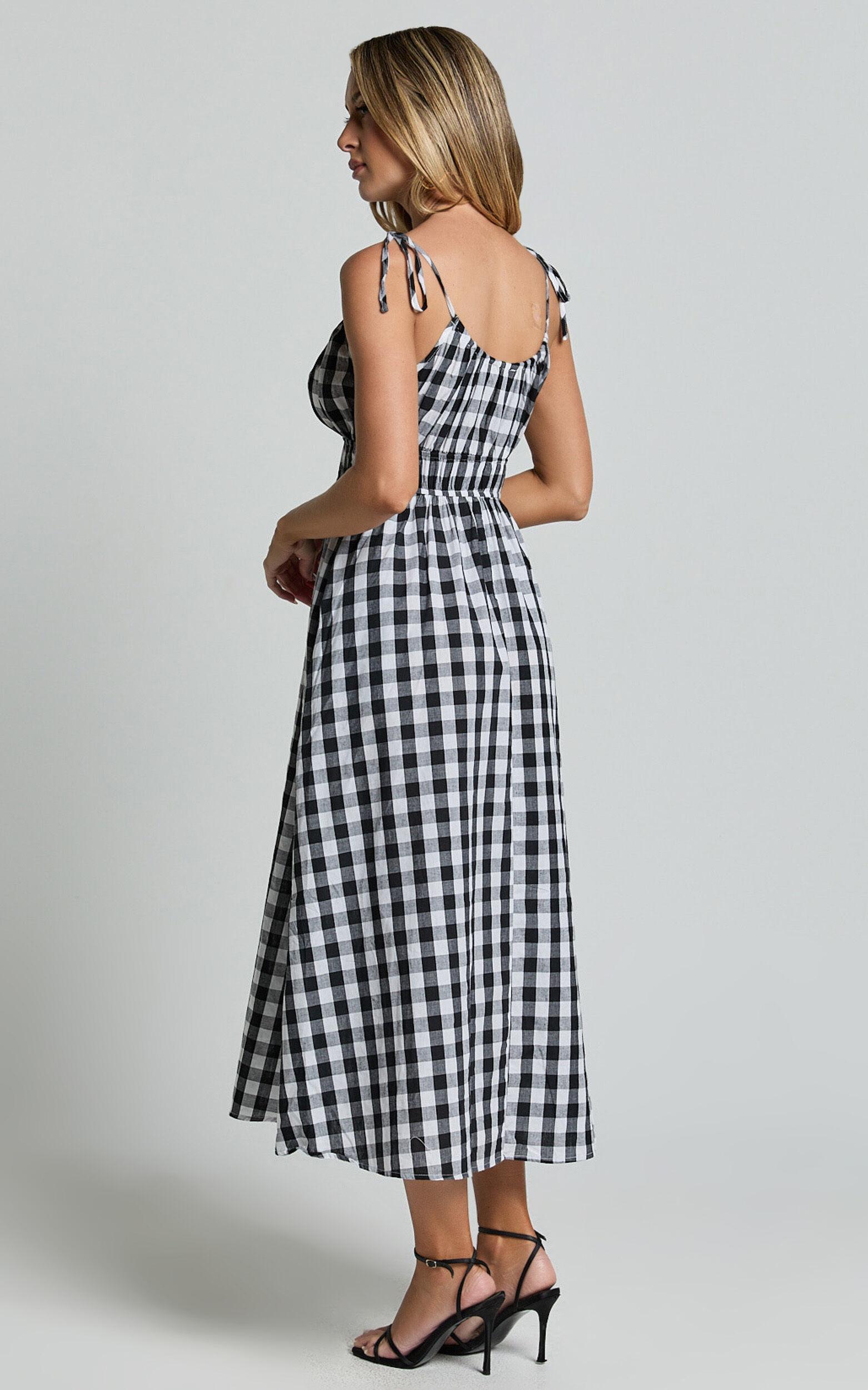 Vela Midi Dress - Strappy Tie Shoulder Elasticated Waist Dress in Black and White Gingham Product Image