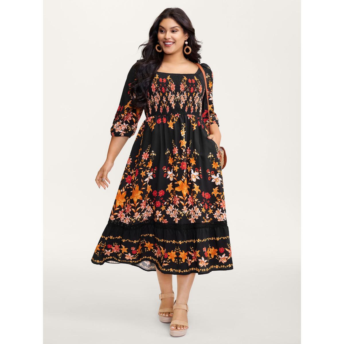 Plus Size Floral Print Lace Trim Shirred Maxi Dress BlackFlower Women Boho Woven ribbon&lace trim Square Neck Elbow-length sleeve Curvy BloomChic 26/4X Product Image