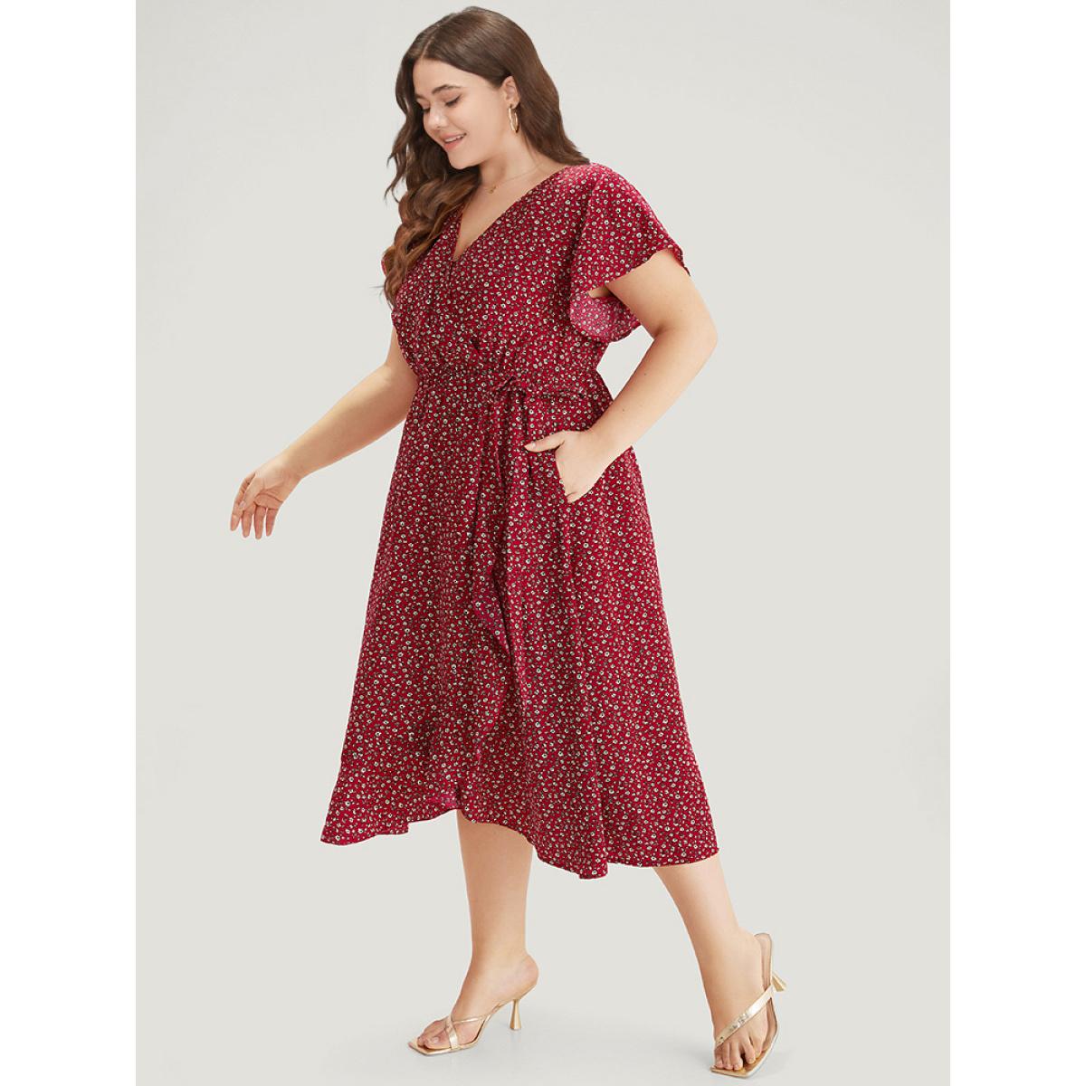 Plus Size Ditsy Floral Overlap Collar Bowknot Flutter Hem Dress Crimson Women Office Wrap V-neck Short sleeve Curvy Midi Dress BloomChic 28/5X Product Image