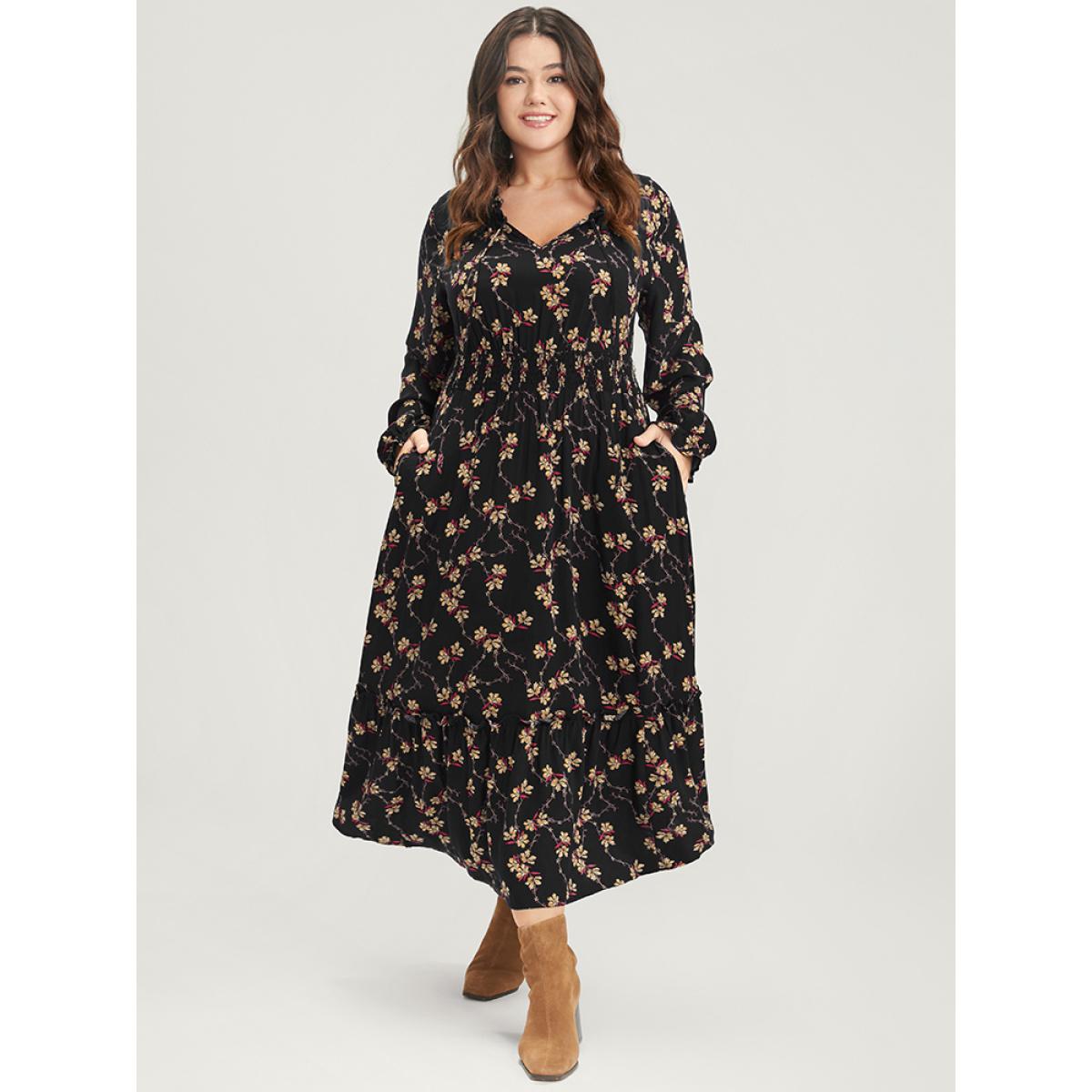Plus Size Floral Lantern Sleeve Pocket Tie Neck Shirred Midi Dress Black Women Elegant Pocket V-neck Long Sleeve Curvy Midi Dress BloomChic 14-16/1X Product Image