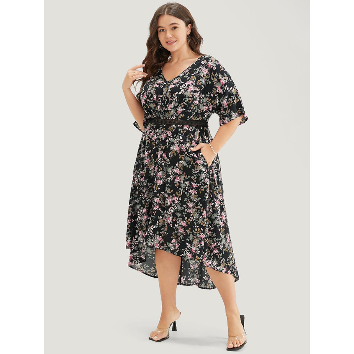 Plus Size Floral Lace Insert Dolman Sleeve Pocket Ruffle High Low Dress Black Women Elegant Lace V-neck Short sleeve Curvy Midi Dress BloomChic 30/6X Product Image
