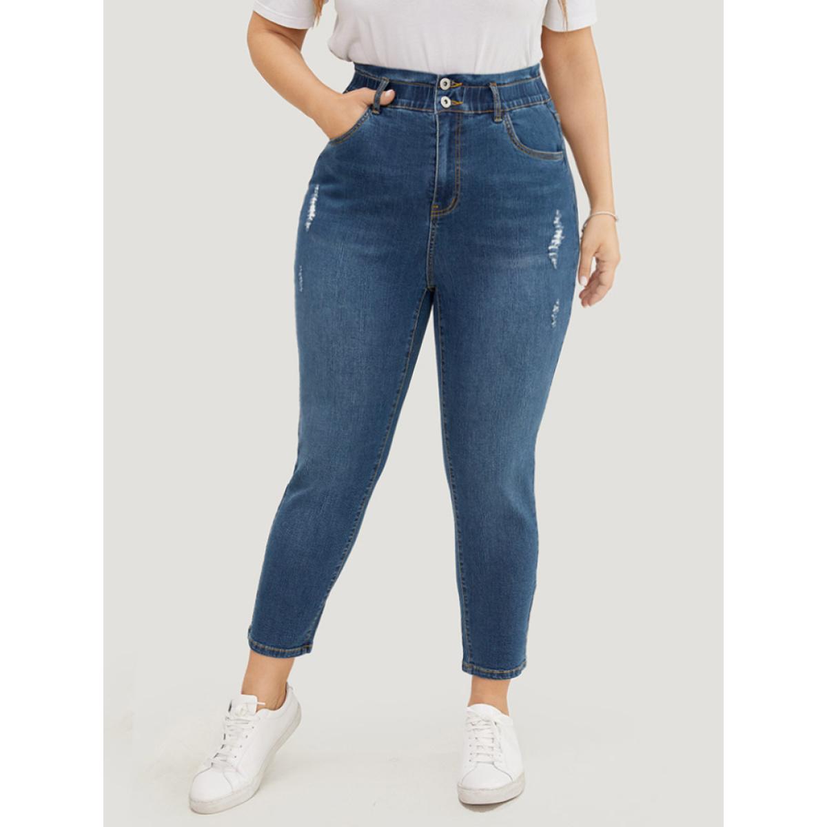 Plus Size Very Stretchy High Rise Medium Wash Ripped Jeans Women Indigo Casual Plain High stretch Pocket Jeans BloomChic 28/5X Product Image
