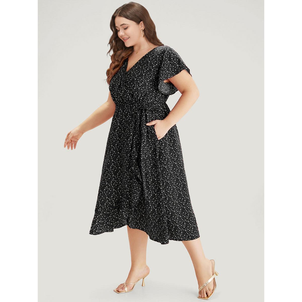 Plus Size Ditsy Floral Overlap Collar Bowknot Flutter Hem Dress Black Women Office Wrap V-neck Short sleeve Curvy Midi Dress BloomChic 28/5X Product Image