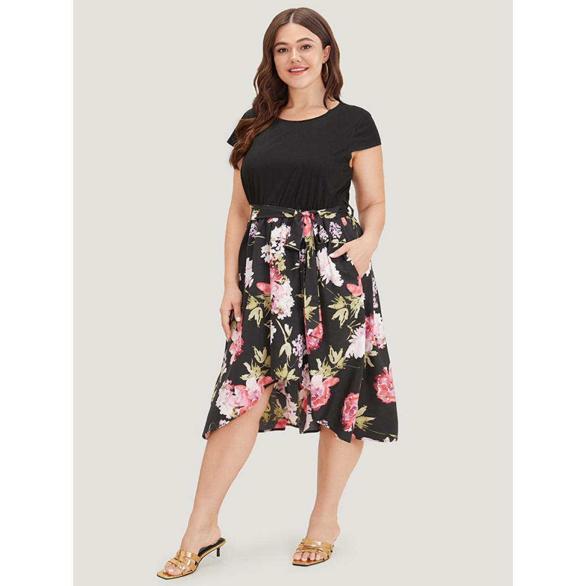 Plus Size Floral Print Patchwork Pocket Belted Asymmetrical Hem Dress Black Women Glamour Plain Round Neck Short sleeve Curvy Midi Dress BloomChic 18-20/2X Product Image