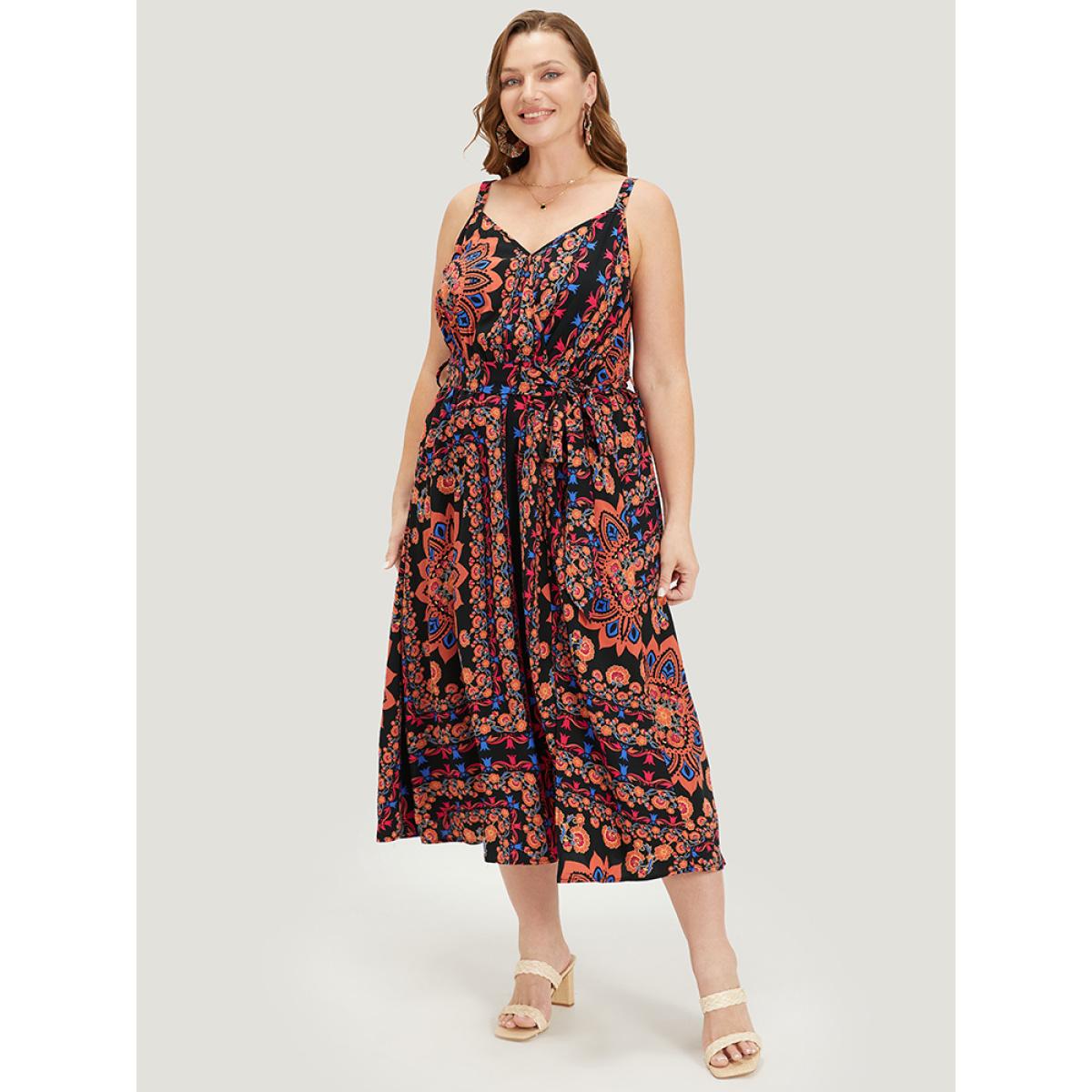 Plus Size Boho Print Belted Split Hem Pocket Cami Dress Black Women Vacation Gathered V-neck Sleeveless Curvy Midi Dress BloomChic 10/M Product Image