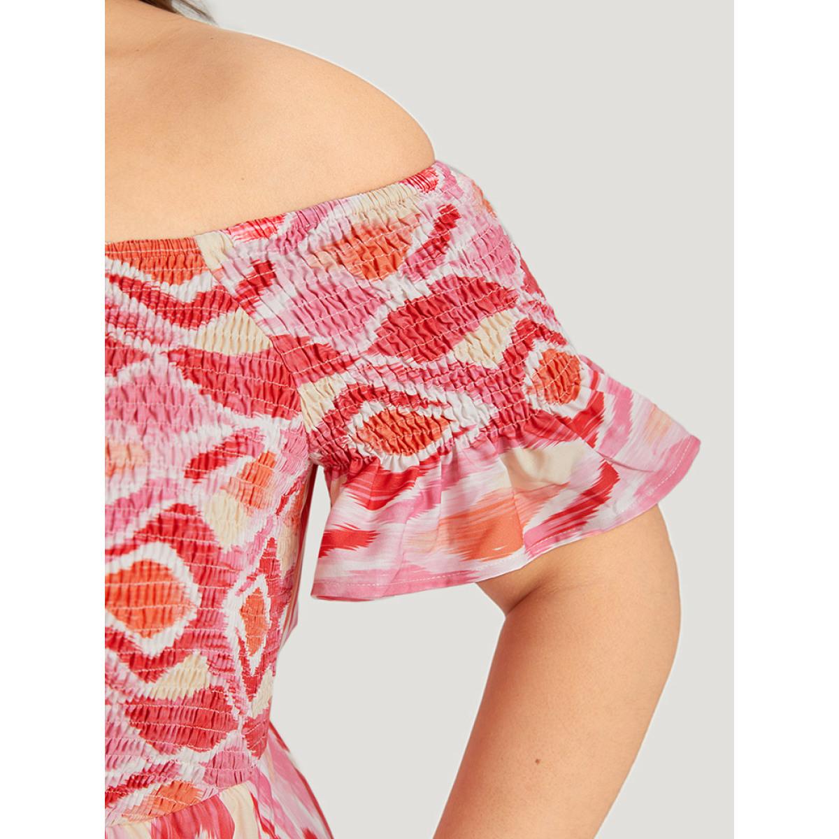 Plus Size Geometric Print Pocket Shirred Ruffles Sleeve Off Shoulder Dress Multicolor Women Elegant One-shoulder neck Short sleeve Curvy Midi Dress BloomChic 28/5X Product Image
