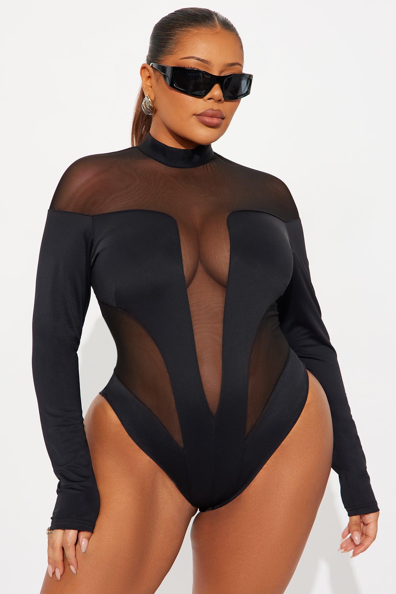 Zuri Mesh Cut Out Long Sleeve Bodysuit - Black Female Product Image