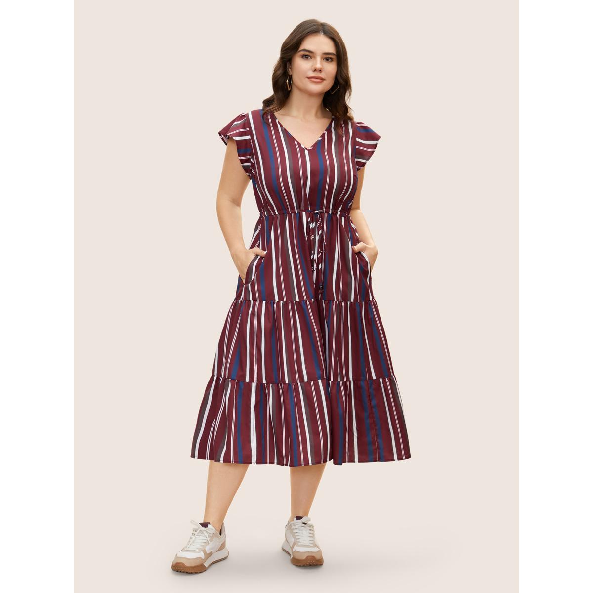 Plus Size Striped Drawstring Ruffle Cap Sleeve Midi Dress Burgundy Women Casual Drawstring V-neck Cap Sleeve Curvy BloomChic 12/L Product Image