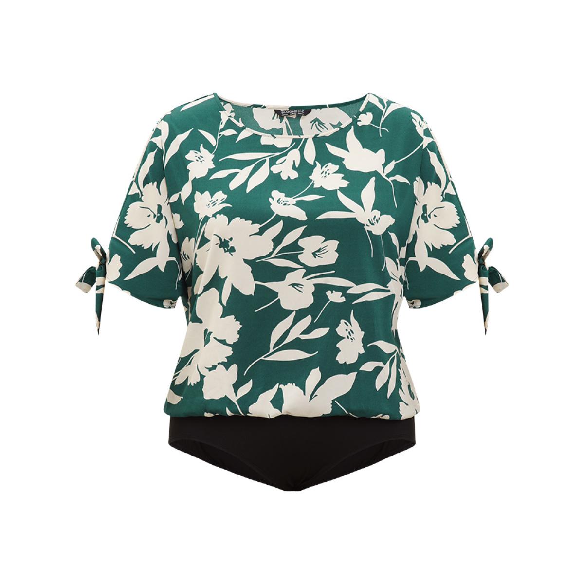 Plus Size Silhouette Floral Print Knotted Cut Out Round Neck Bodysuit Women Cyan Silhouette Floral Print Printed Bodysuits BloomChic 30/6X Product Image