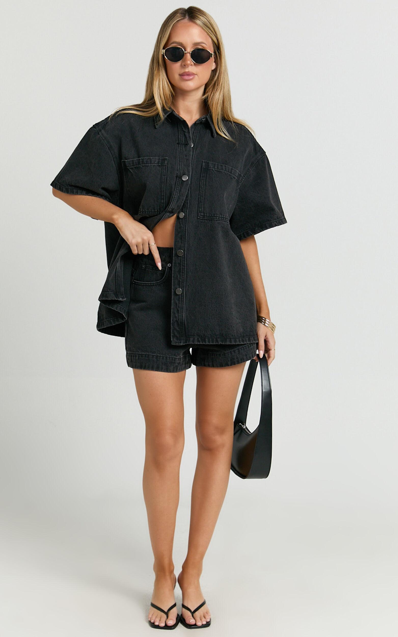 Rhianna Shorts - Mid Waist Recycled Denim Shorts in Washed Black Product Image