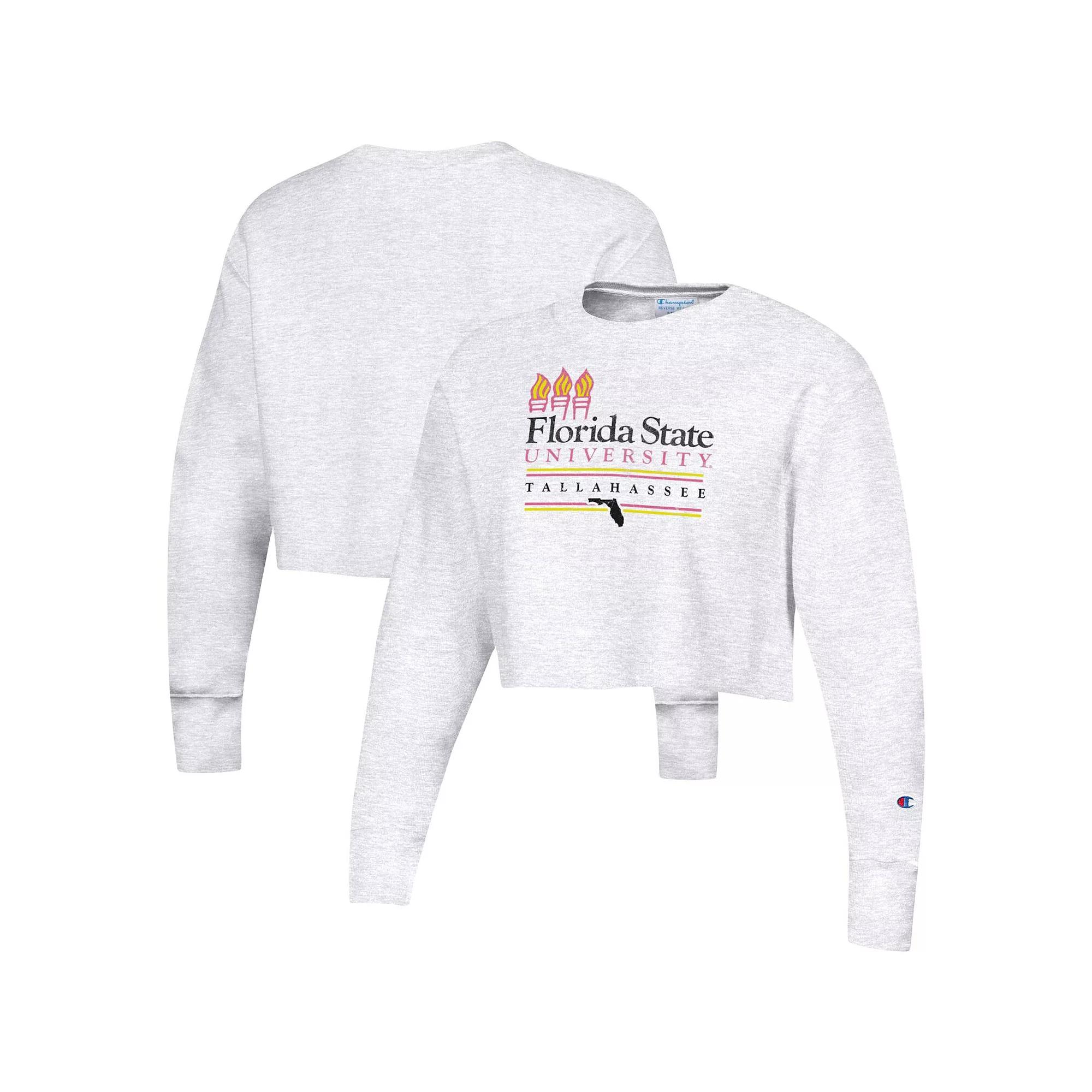 Women's Champion Heathered Gray Florida State Seminoles Beach Club Reverse Weave Cropped Pullover Sweatshirt, Size: XL, Grey Product Image