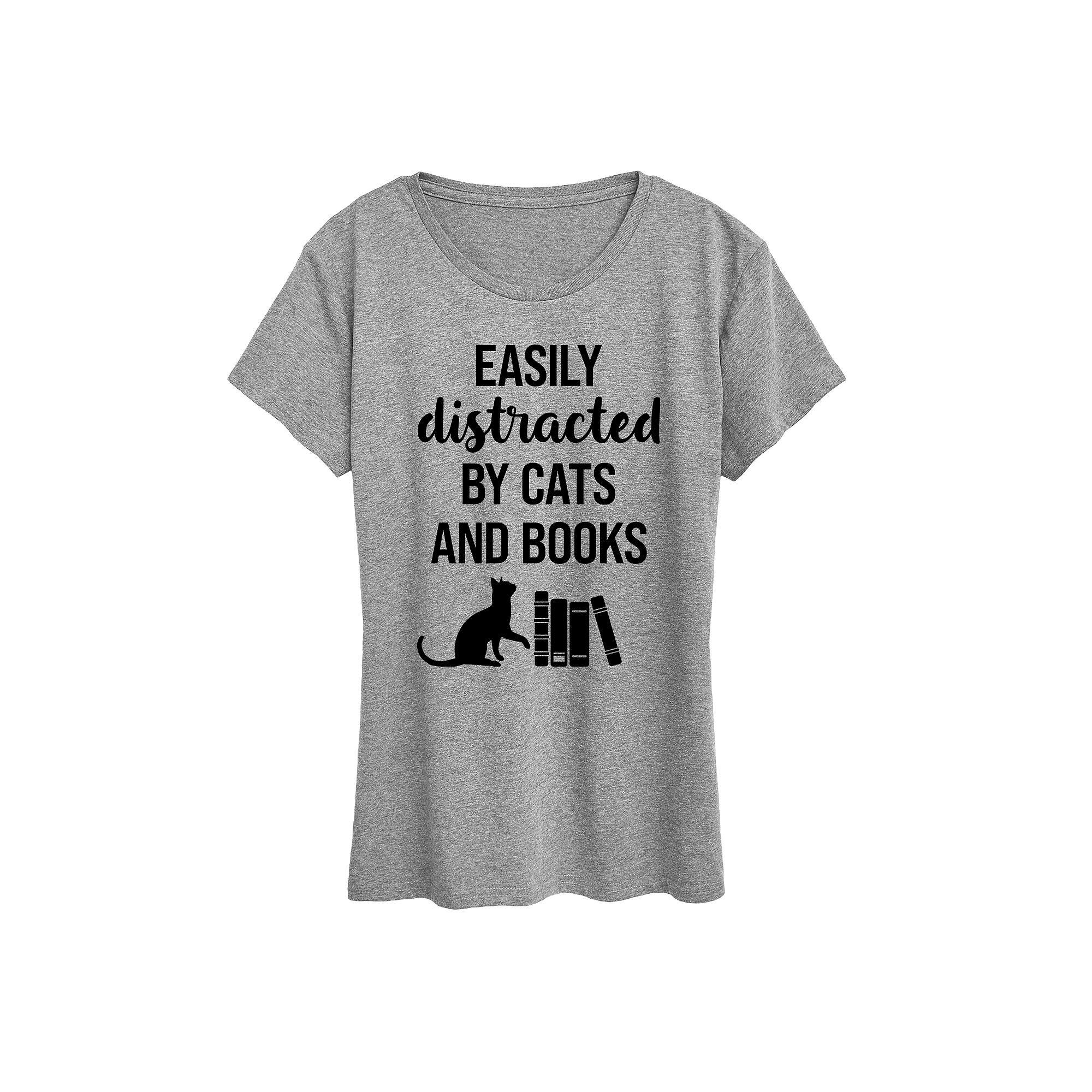 Women's Easily Distracted Cats Books Graphic Tee, Girl's,  Product Image