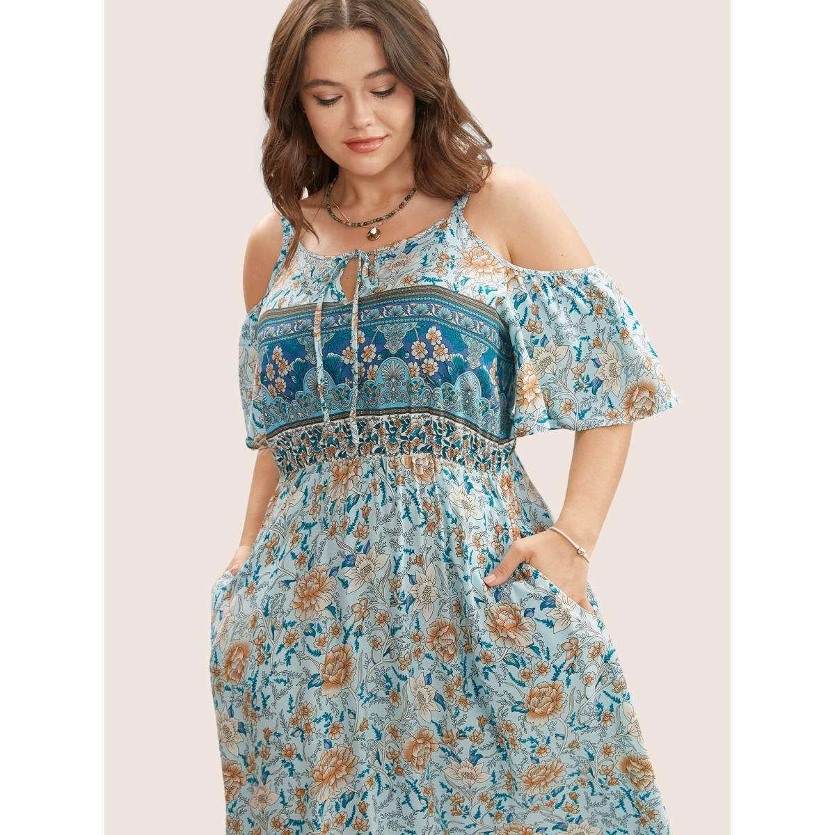 Plus Size Floral Print Pocket Keyhole Ruffles Cold Shoulder Maxi Dress Emerald Women Boho Non Non Half Sleeve Curvy Long Dress BloomChic 18-20/2X Product Image