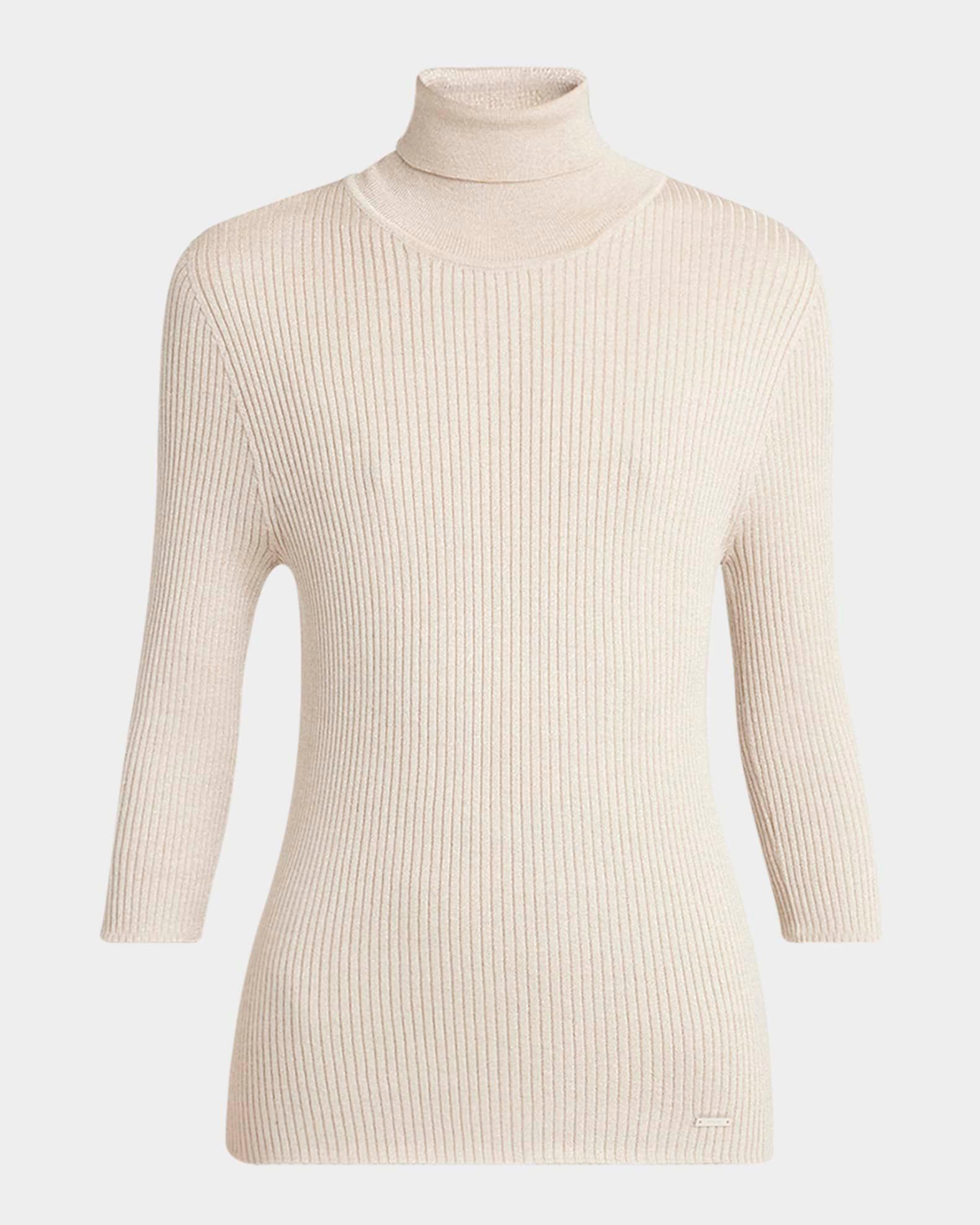 Turtleneck Metallic Rib 3/4-Sleeve Sweater Product Image