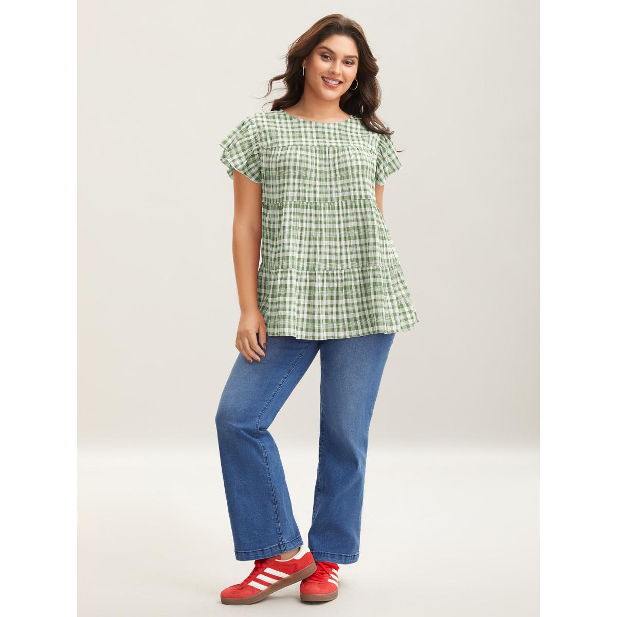 Plus Size Greenbean Plaid Print Textured Lotus Leaf Sleeve Shirt Women Leisure Cap Sleeve Round Neck Casual Blouses BloomChic 26/4X Product Image