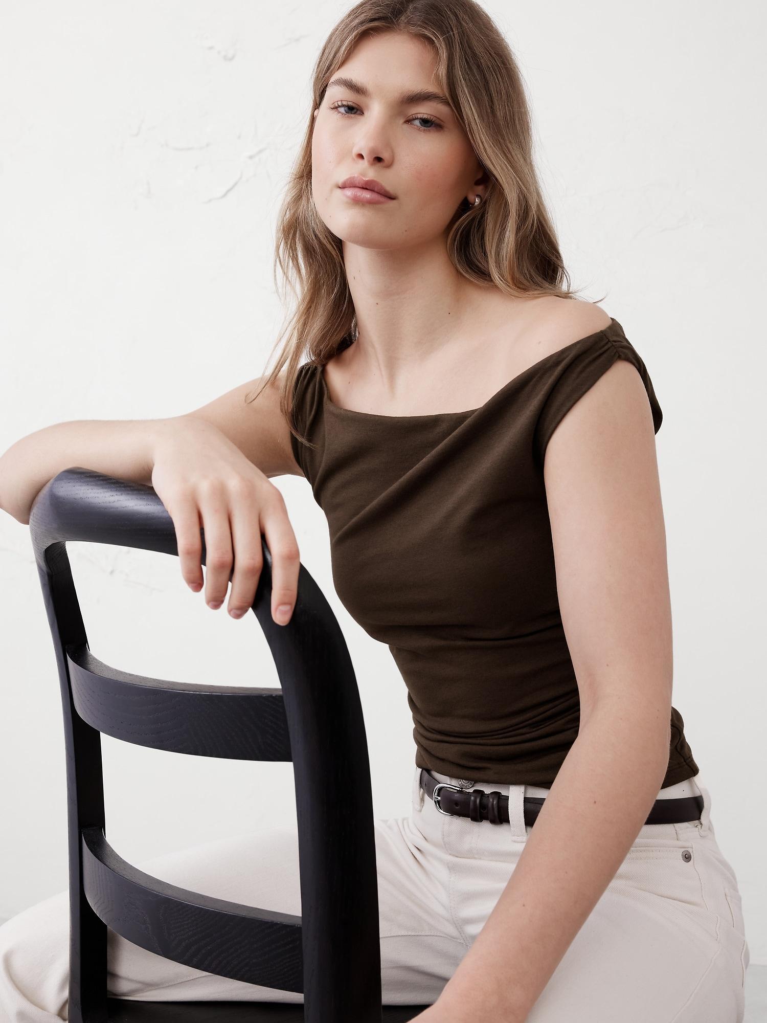 Soft Stretch Shirred-Waist Boat-Neck Top Product Image