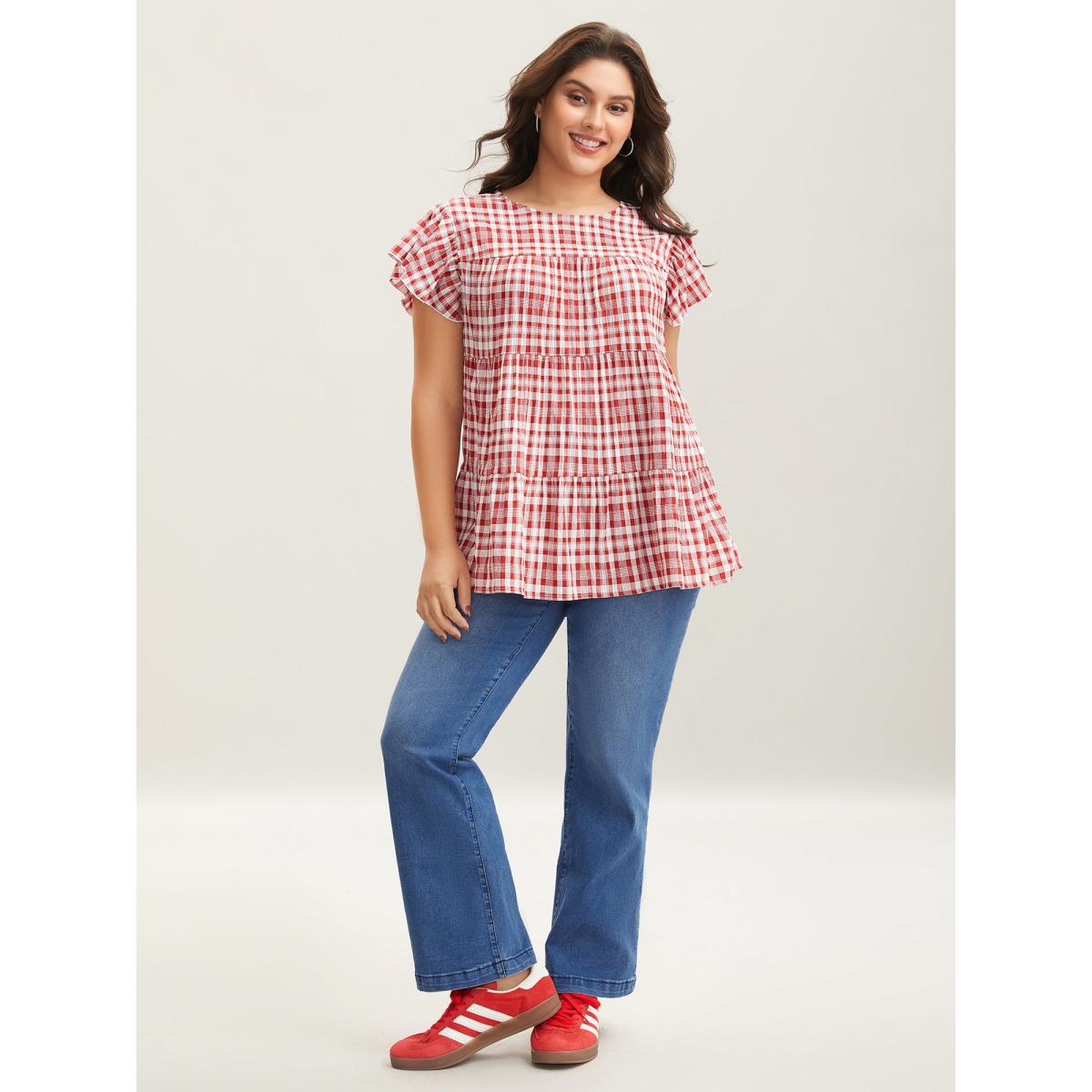 Plus Size Crimson Plaid Print Textured Lotus Leaf Sleeve Shirt Women Casual Cap Sleeve Round Neck Everyday Blouses BloomChic 12/L Product Image