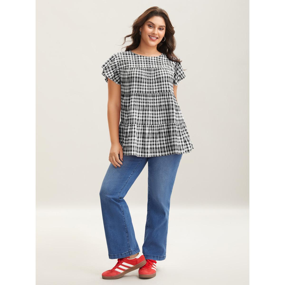 Plus Size Black Plaid Print Textured Lotus Leaf Sleeve Shirt Women Casual Cap Sleeve Round Neck Everyday Blouses BloomChic 22-24/3X Product Image