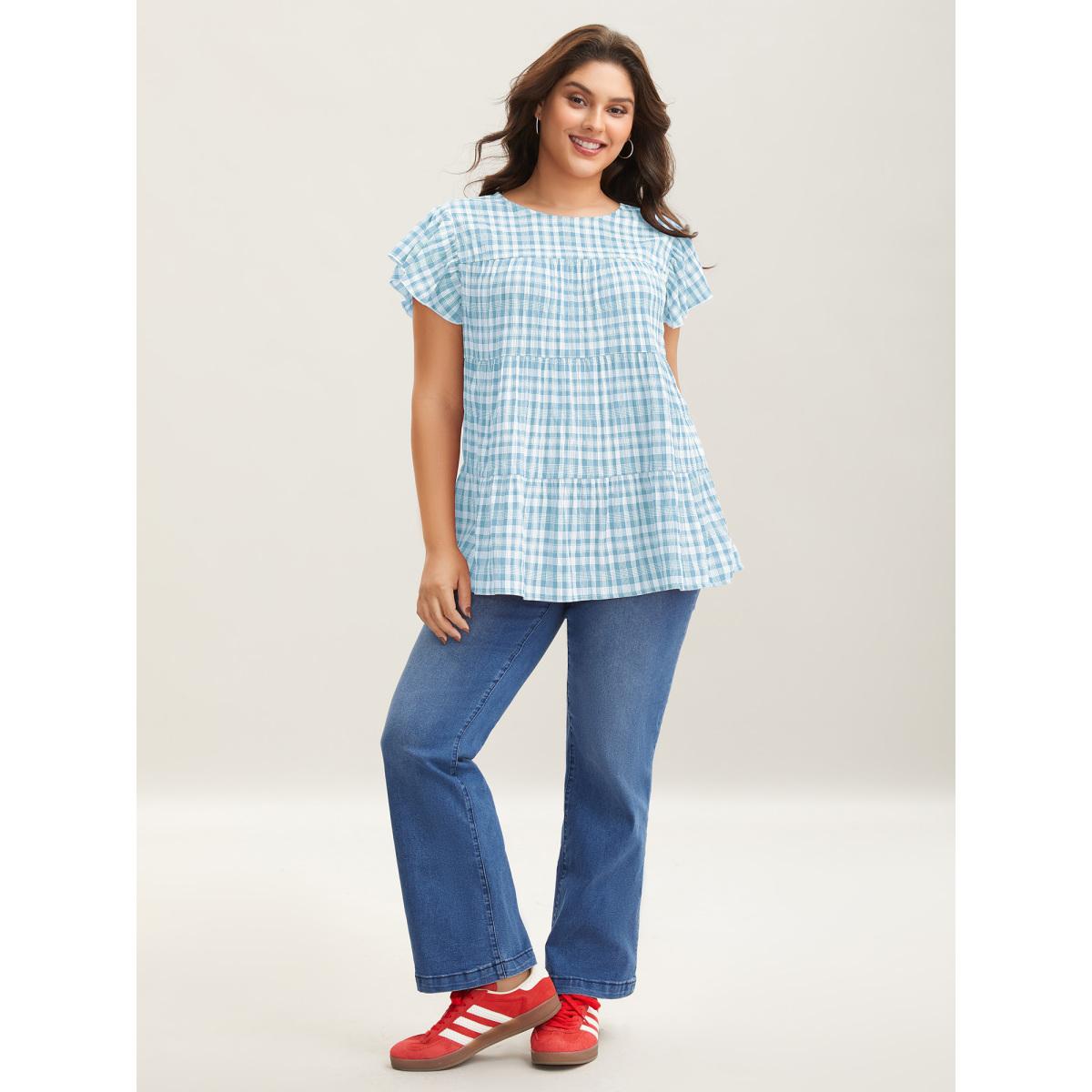 Plus Size LightBlue Plaid Print Textured Lotus Leaf Sleeve Shirt Women Casual Cap Sleeve Round Neck Everyday Blouses BloomChic 14-16/1X Product Image