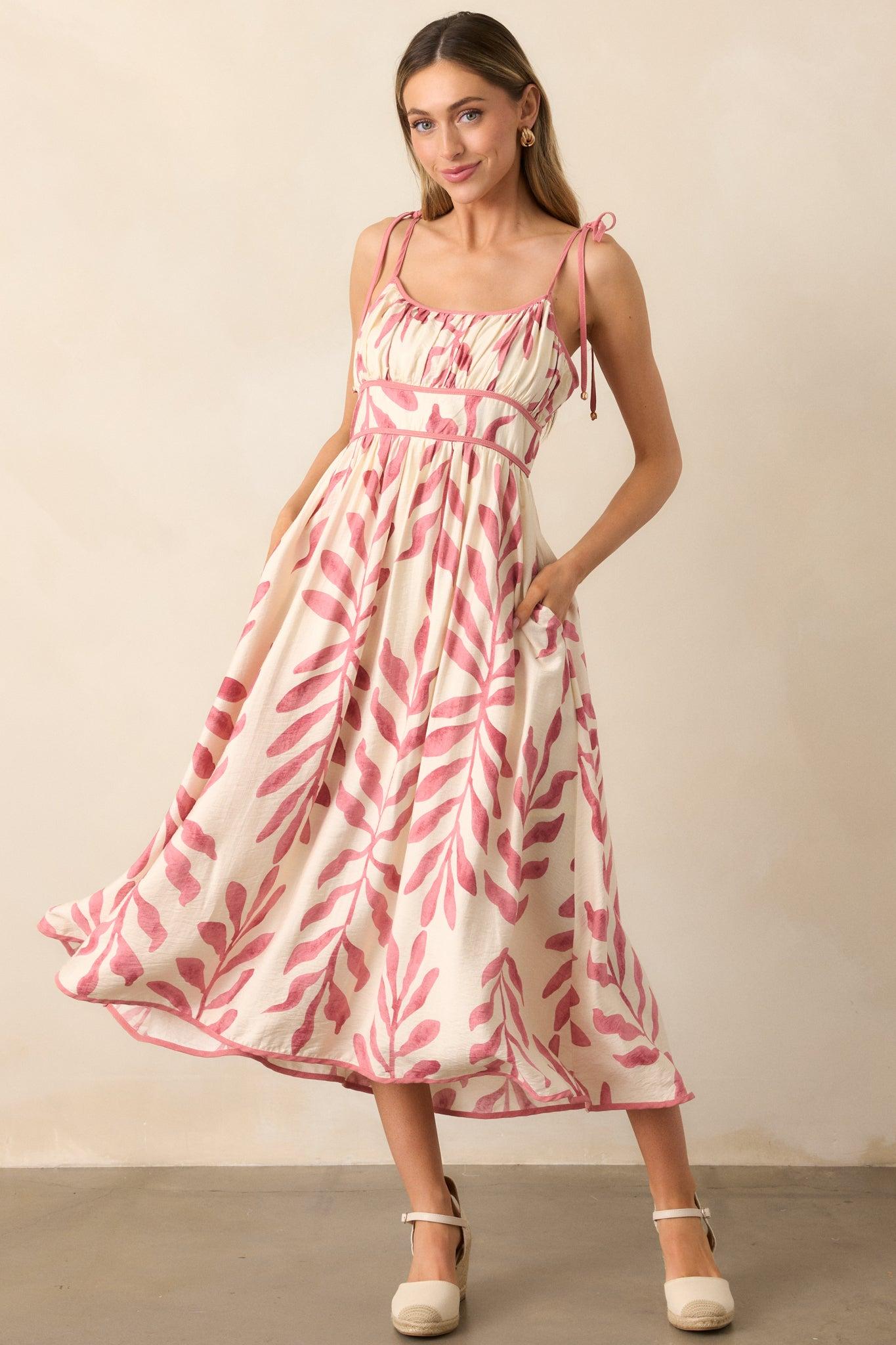 Peaceful Palms Pink Tropical Print Midi Dress Product Image