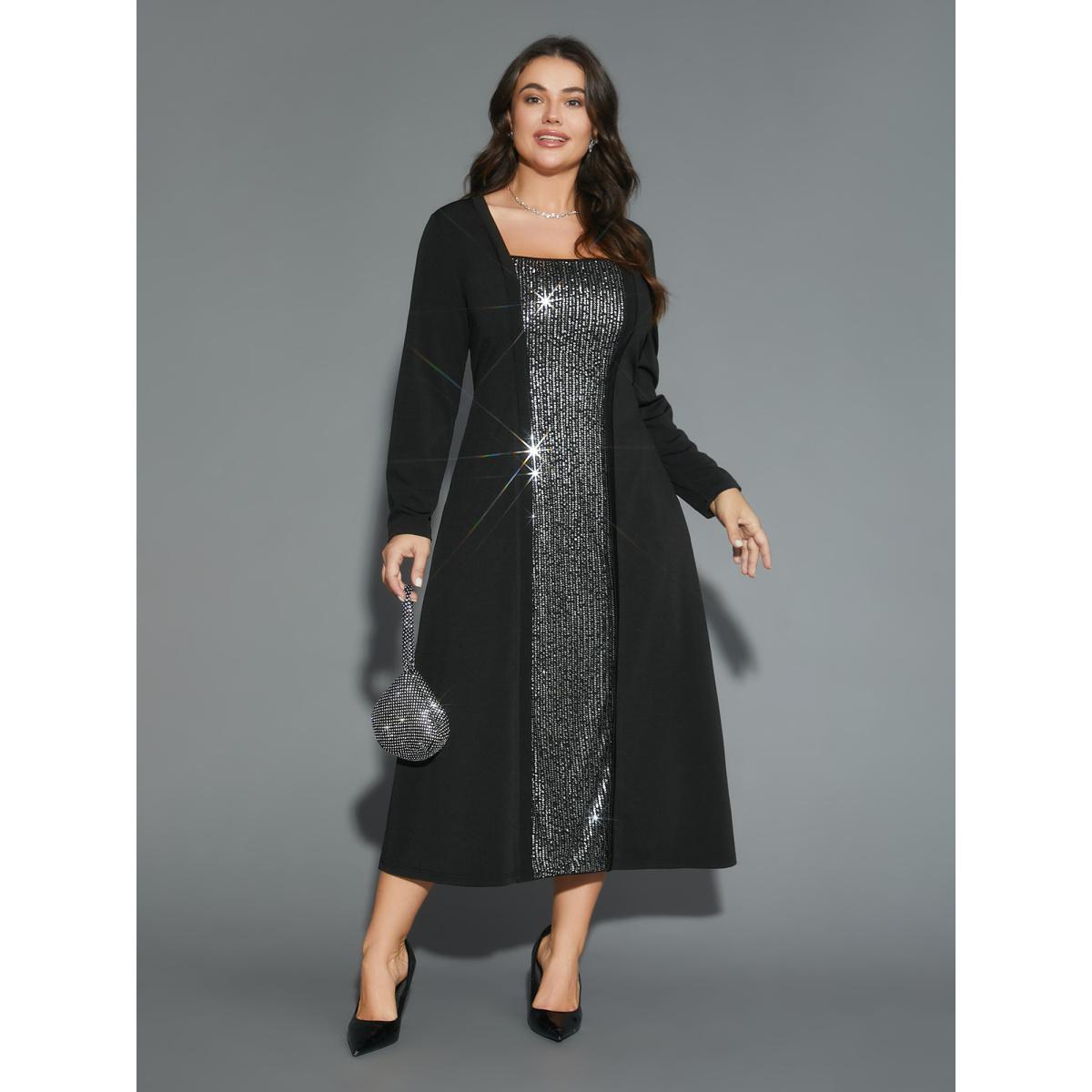 Plus Size Sequin Patchwork Elastic Waist Midi Dress Black Women Party&Cocktail Texture Party Curvy Bloomchic 28/5X Product Image
