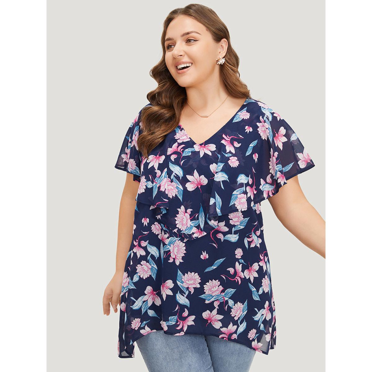 Plus Size Indigo Floral Print Ruffle Trim Asymmetrical Hem Blouse Women Elegant Short sleeve Round Neck Dailywear Blouses BloomChic 10/M Product Image