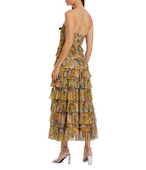 Mac Duggal Mesh Floral Print Strapless Neck Sleeveless Micro Ruffle A-Line Midi Dress Product Image