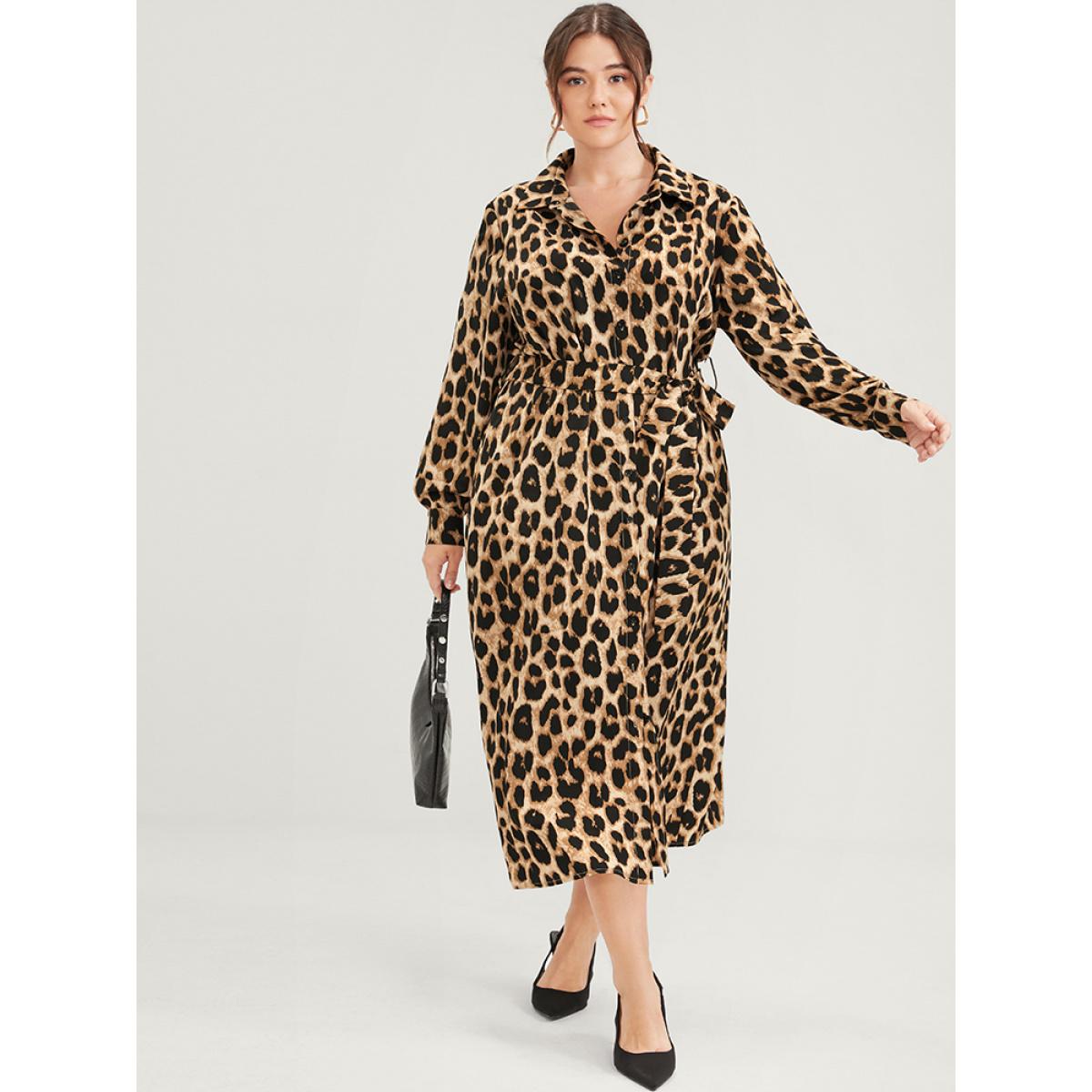 Plus Size Leopard Pocket Button Belted Shirt Collar Midi Dress Leopard Women Office Belted Shirt collar Long Sleeve Curvy Midi Dress BloomChic 26/4X Product Image