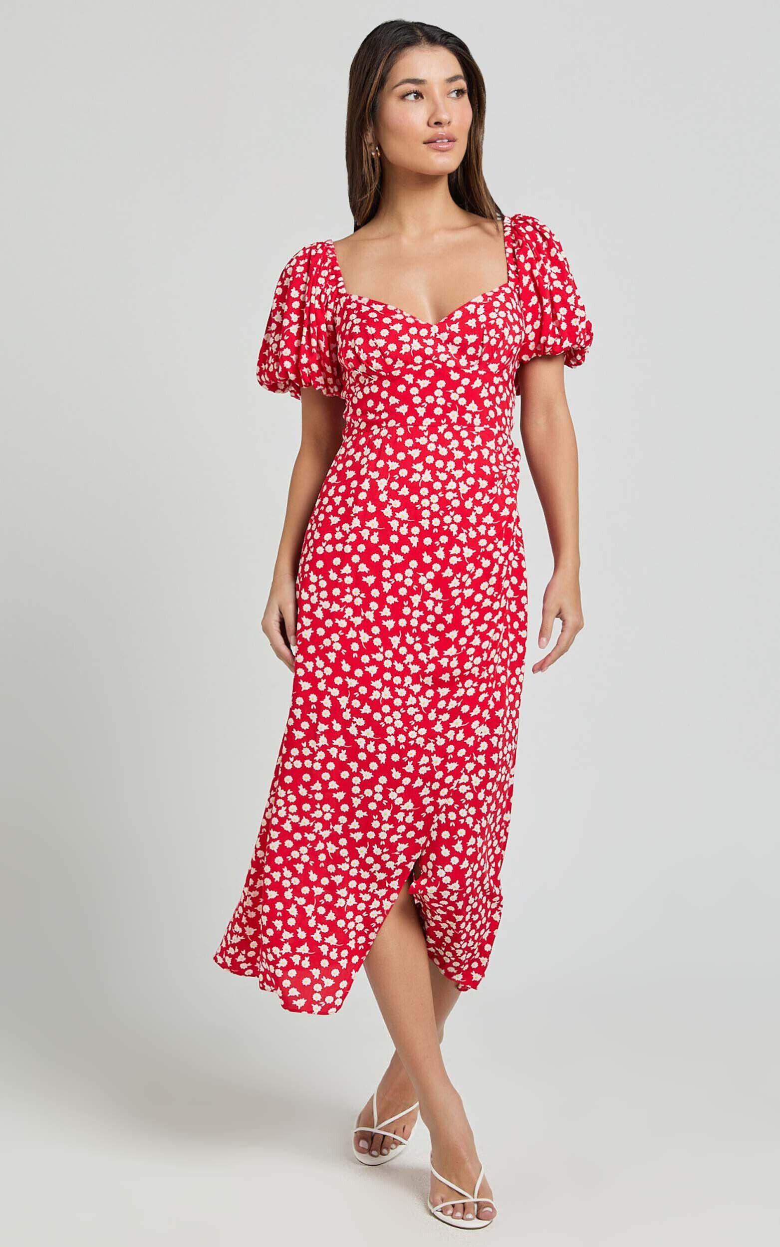 Carlyn Midi Dress - Sweetheart Puff Sleeve Wrap Dress in Red Floral Product Image
