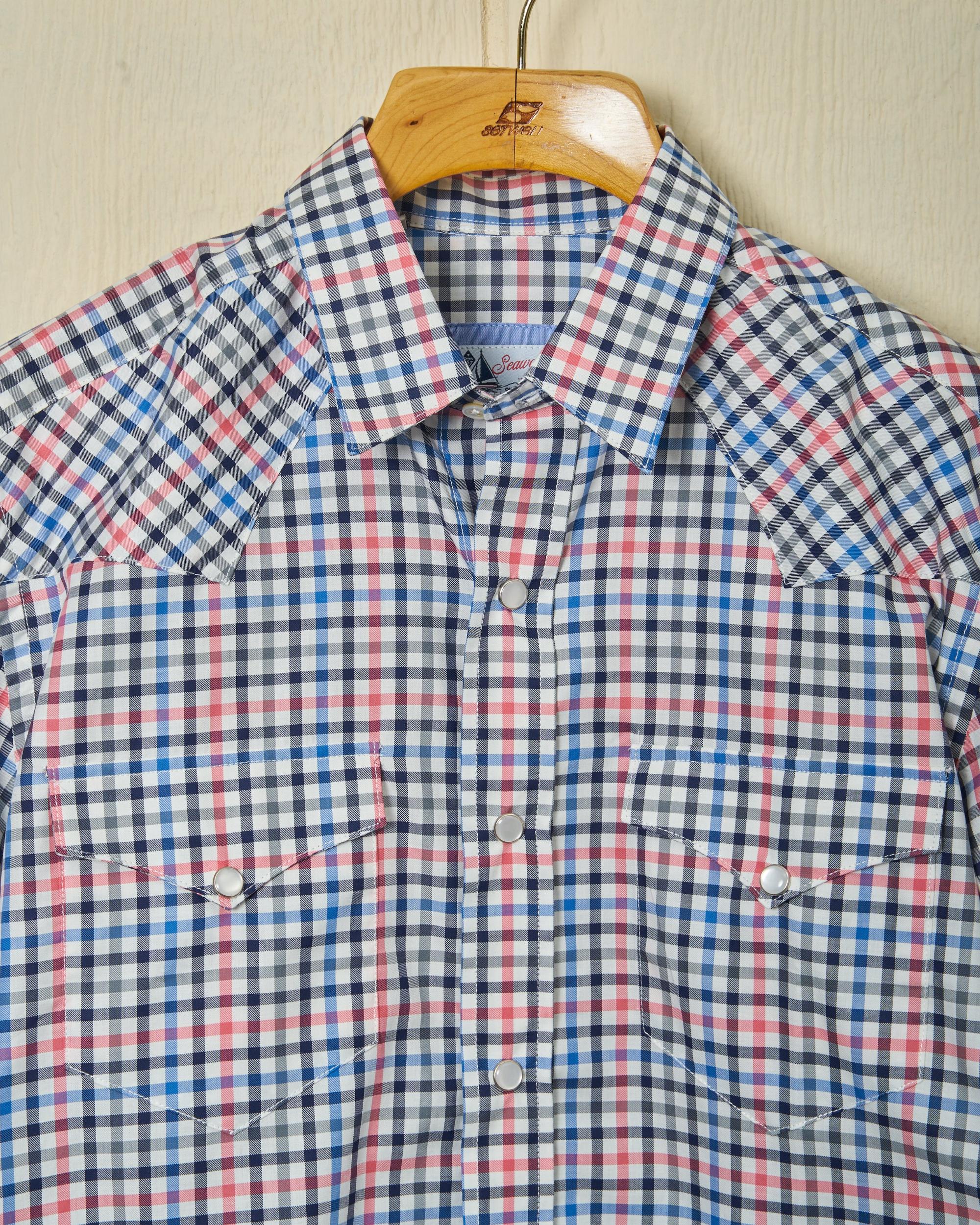 Western Sea-Washed Shirt in Blue/Coral Gun Check Product Image