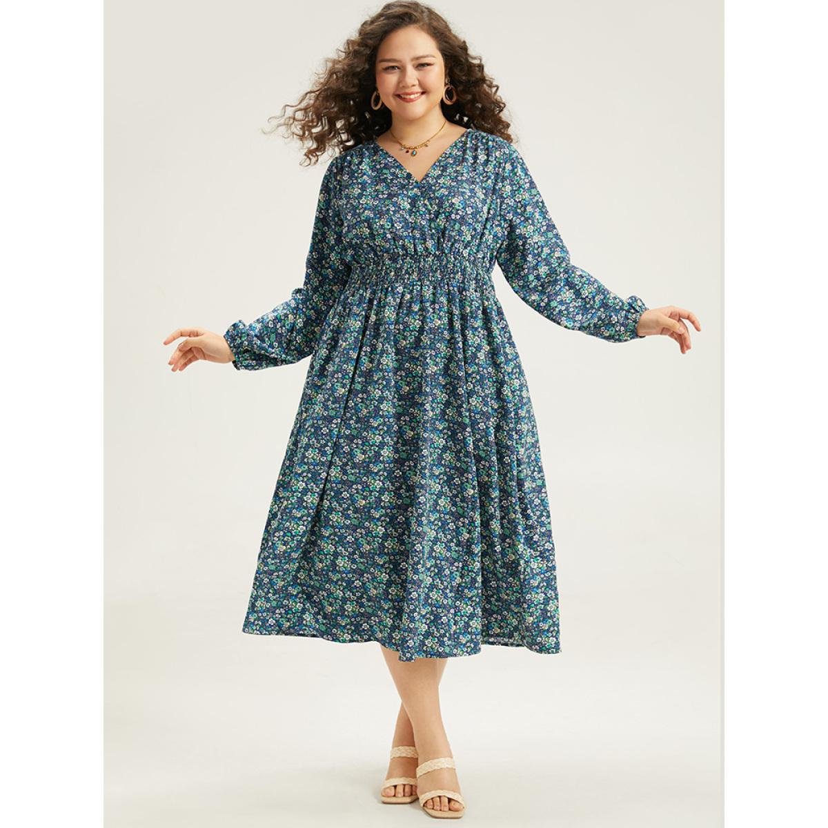 Plus Size Ditsy Floral Wrap Shirred Pocket Lantern Sleeve Dress Indigo Women Elegant Elastic cuffs V-neck Long Sleeve Curvy Midi Dress BloomChic 10/M Product Image