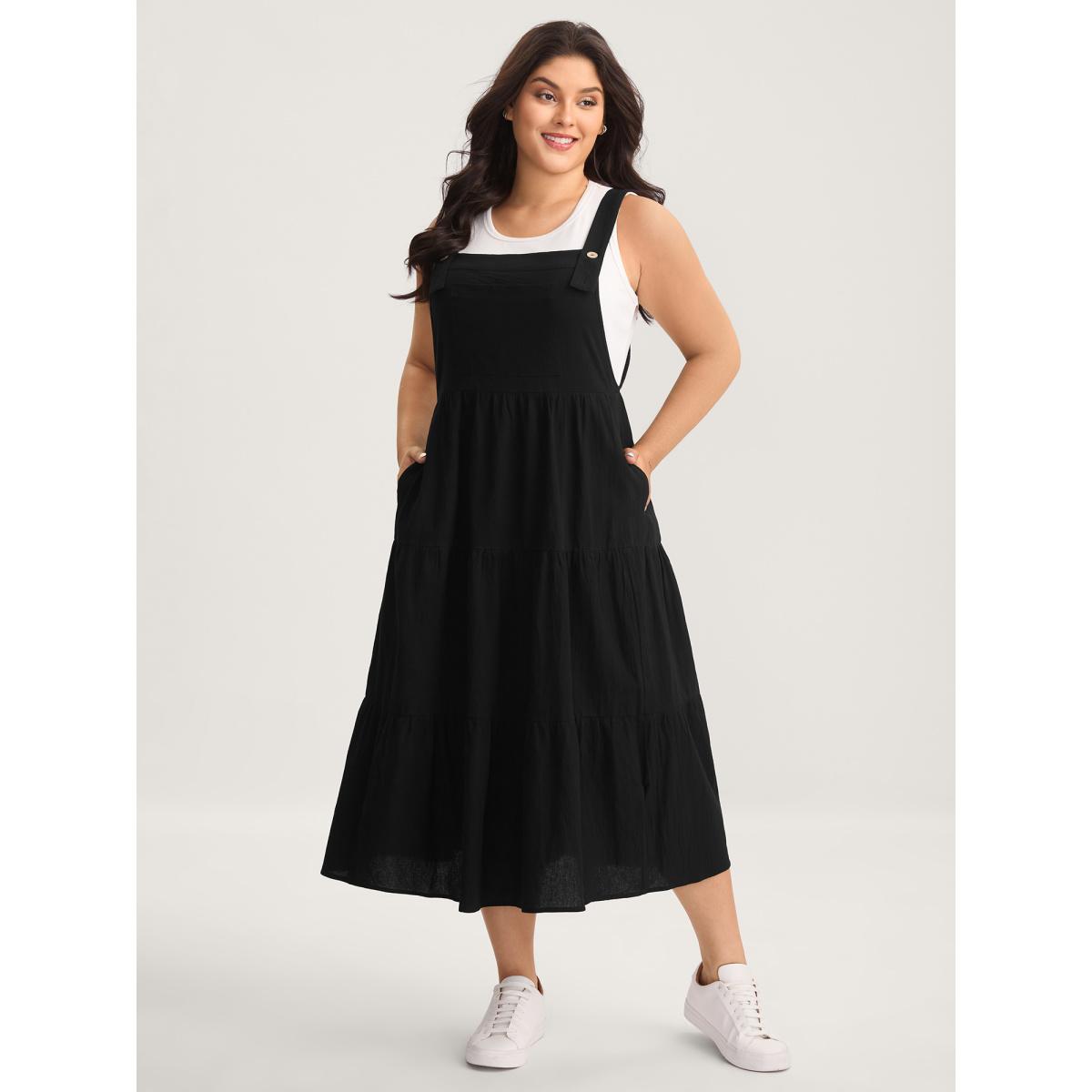 Plus Size Pure Cotton Diagonal Pockets Midi Dress Black Women Leisure Square Neck Sleeveless Curvy BloomChic 12/L Product Image