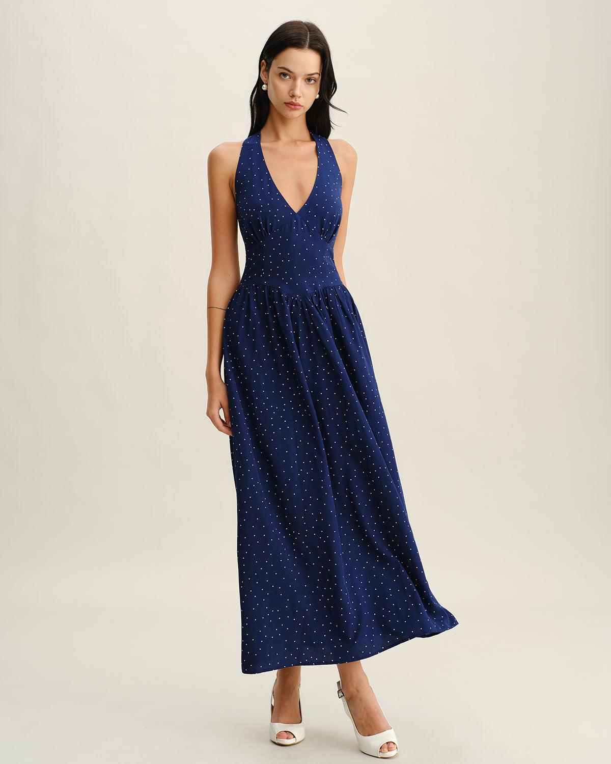 Blue Polka Dot Halter Maxi Dress Product Image