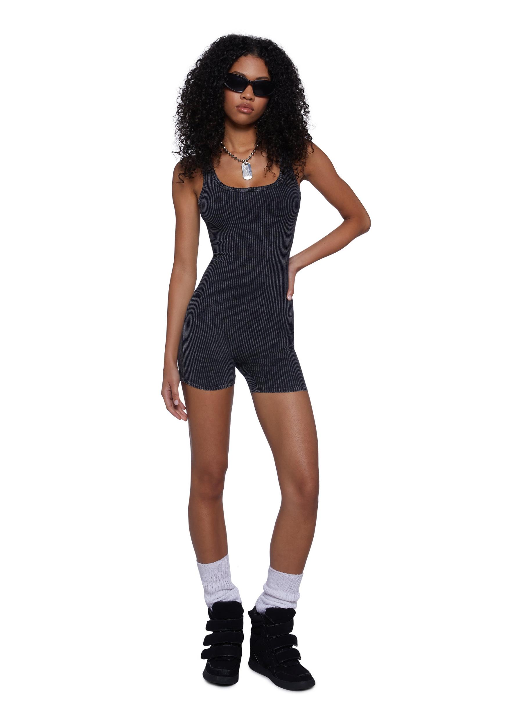 Womens Washed Knit Ribbed Cut Out Romper - Black Product Image