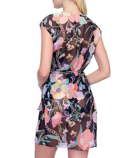 Gottex Semi Sheer Floral Print Surplice V-Neck Cap Sleeve Tie Waist Wrap Dress Swim Cover-Up Product Image