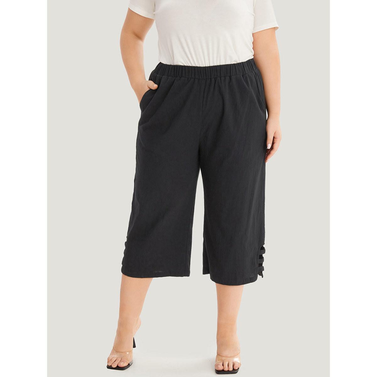 Plus Size Solid Cut Out Pocket Loose Cropped Pants Women Black Elegant Straight Leg High Rise Dailywear Pants BloomChic 28/5X Product Image