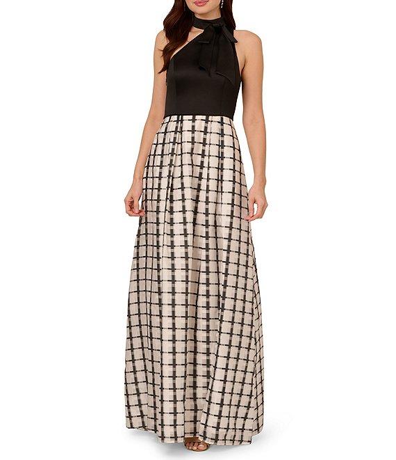 Adrianna Papell Mixed Media Plaid Halter Neck Sleeveless A-Line Gown Product Image