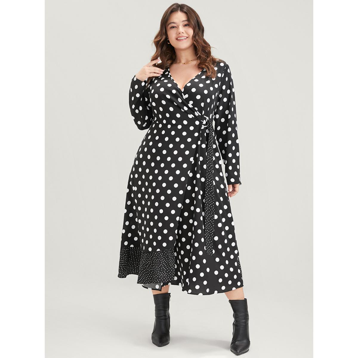 Plus Size Polka Dot Surplice Neck Tie Side Pocket Ruffle Hem Dress Black Women Elegant Wrap V-neck Long Sleeve Curvy Midi Dress BloomChic 12/L Product Image
