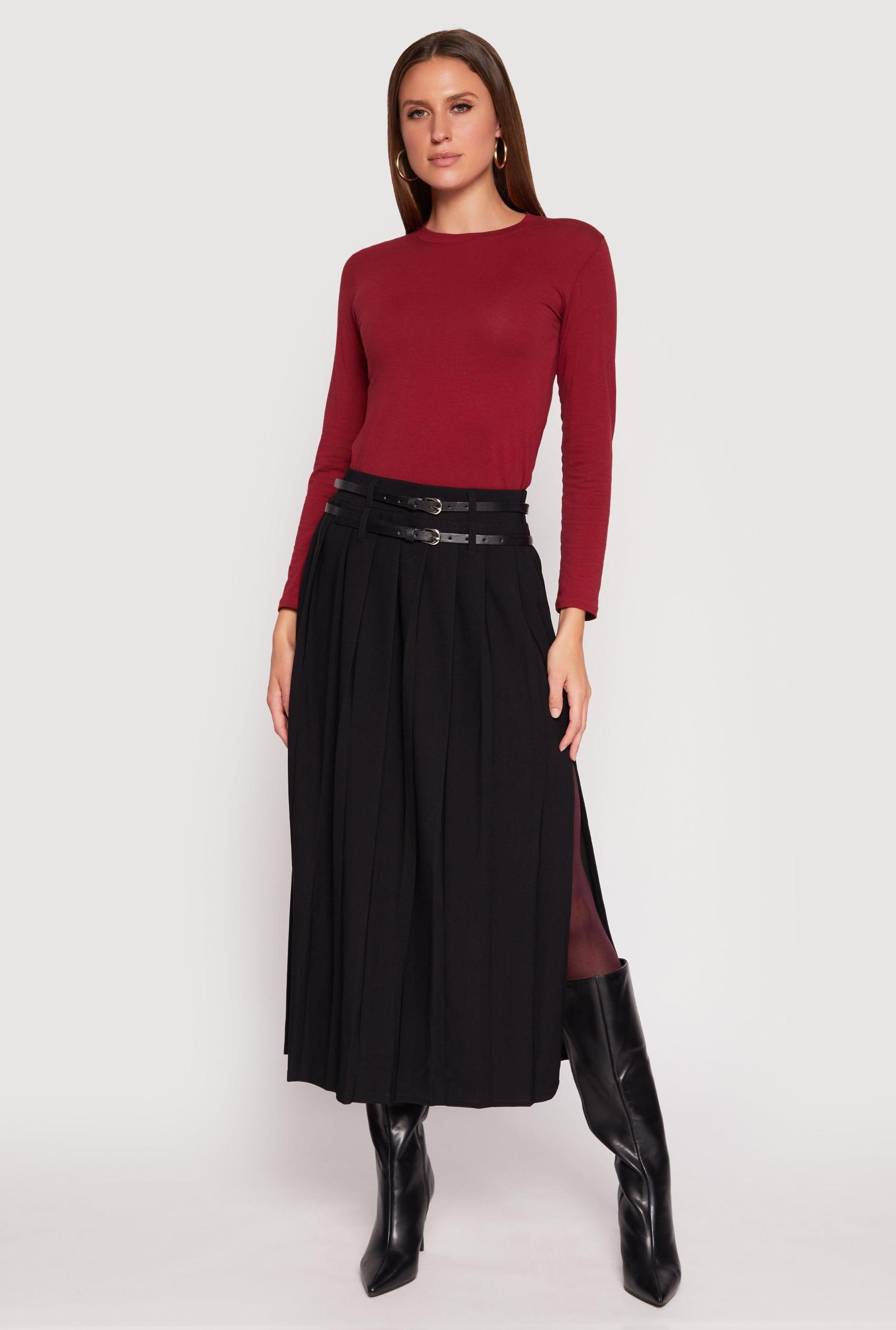 Womens Double Belted Side Slit Pleated Skirt Product Image