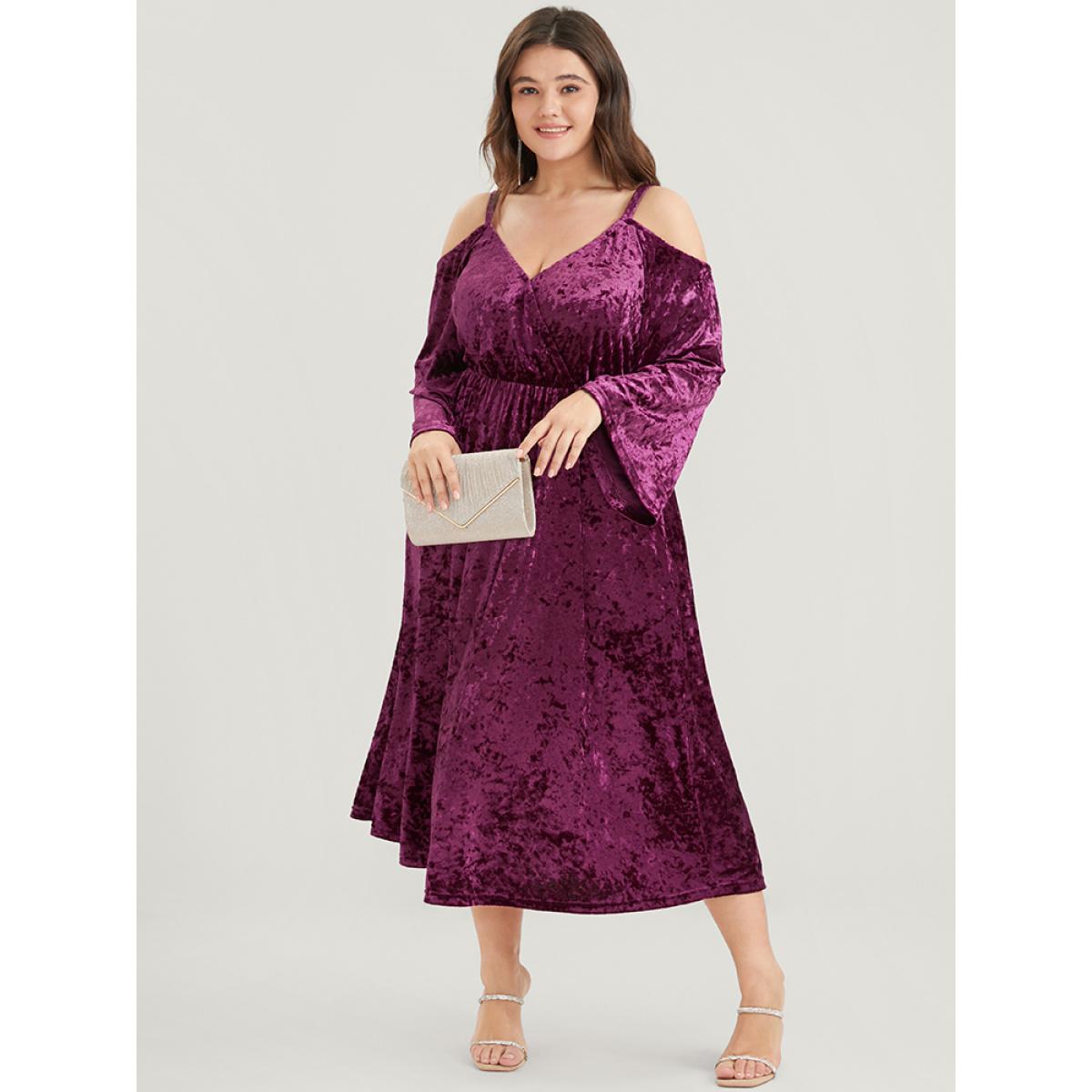 Plus Size Solid Cold Shoulder Pocket Bell Sleeve Velvet Dress RedViolet Women Party Elastic Waist Cold Shoulder Long Sleeve Curvy Midi Dress BloomChic 10/M Product Image