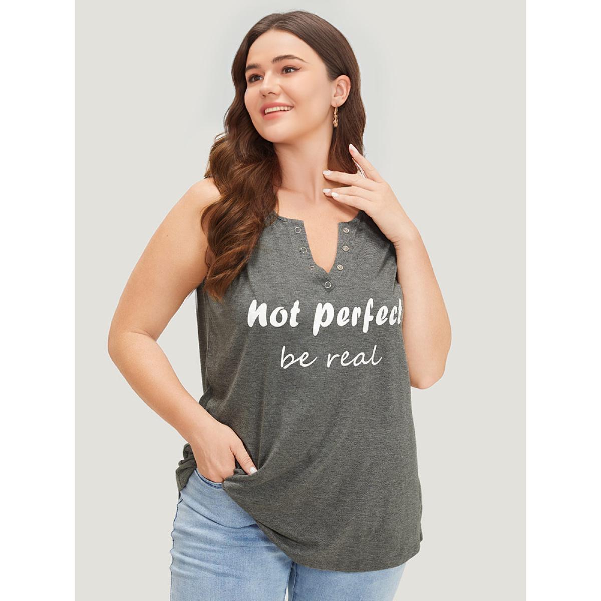 Plus Size Letter Print Button Notched Tank Top Women DarkGray Casual Printed Dailywear Tank Tops Camis BloomChic 14-16/1X Product Image