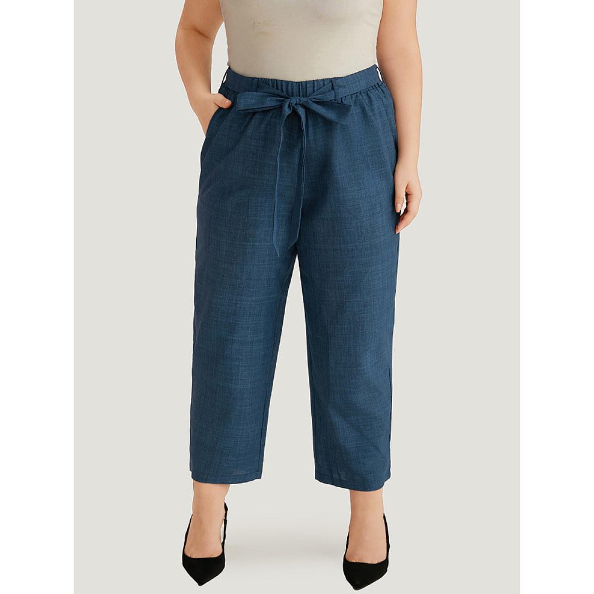 Plus Size Solid Elastic Waist Pocket Belted Pants Women Indigo Casual Straight Leg High Rise Dailywear Pants BloomChic 10/M Product Image
